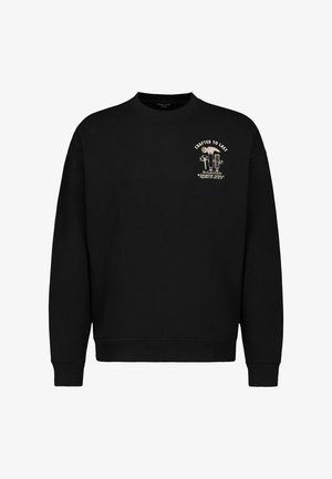 Black sweatshirt with a crew neck, ribbed cuffs, and hem. Features a small graphic design in light beige on the chest. Soft cotton material.