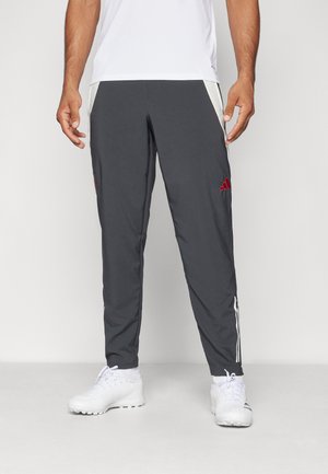 Pantaloni atletici grigi con strisce laterali bianche e accenti di logo rossi. Realizzati in materiale leggero, presentano una vestibilità affusolata e una cintura elastica.