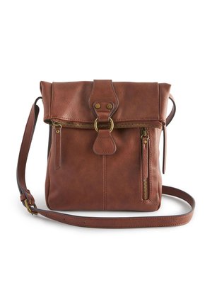 Brown leather crossbody bag with front flap, gold-tone buckle, two horizontal zippered pockets, and adjustable shoulder strap.