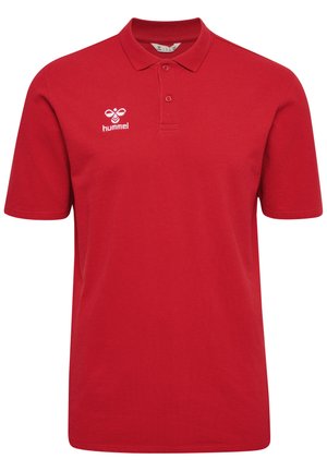 Rød bomulds polo t-shirt med krave, to knapper og hvid "hummel" logo på venstre bryst. Glat tekstur, korte ærmer, klassisk pasform.