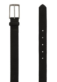 Melnā austā josta ar zvīņveida rakstu, metāla sprādzi un vairākiem regulēšanas caurumiem jostā, kas nodrošina dažādu izmēru pielāgojamību.