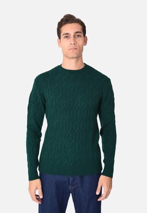 Maglione verde a maglia con un motivo geometrico, scollatura rotonda e maniche lunghe. Realizzato in filato testurizzato, abbinato a jeans blu.