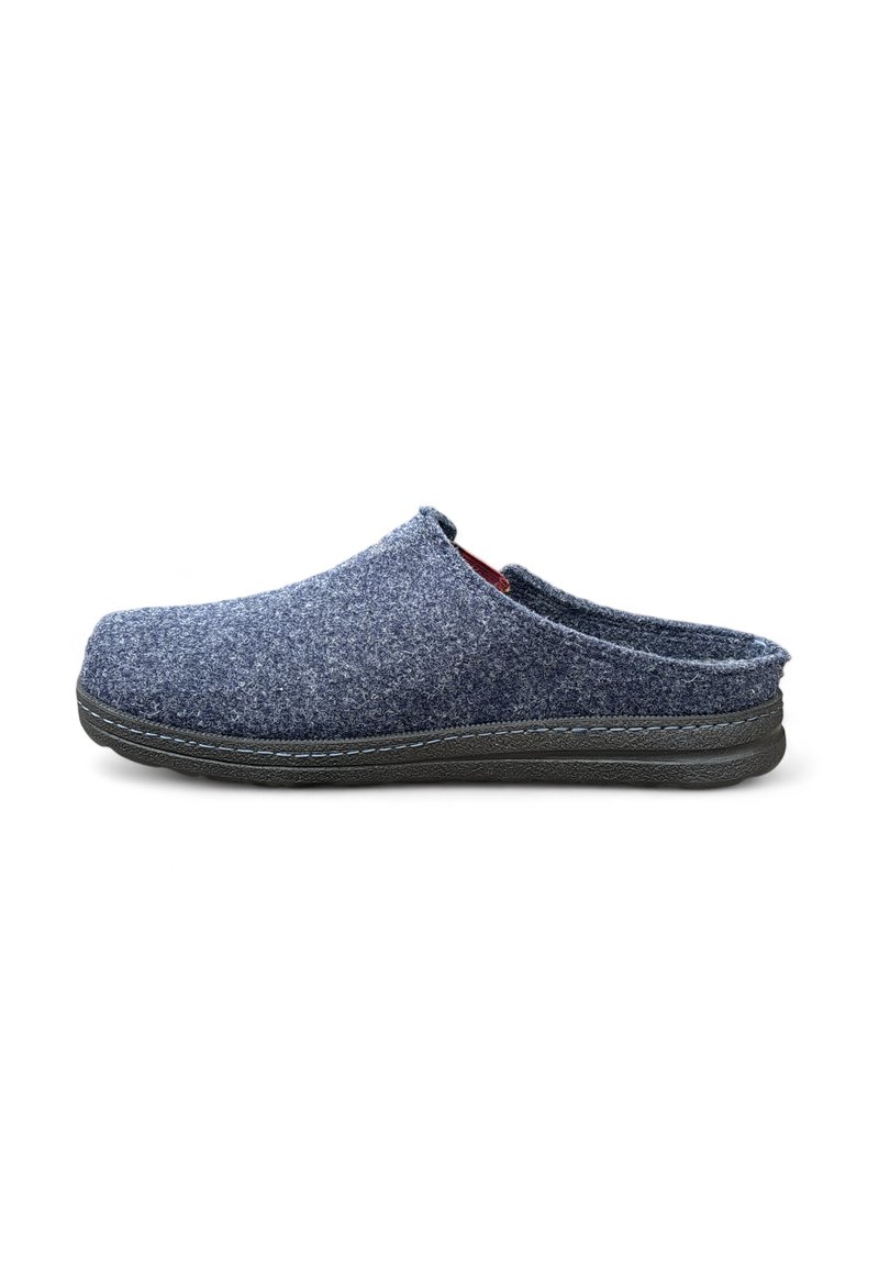 Navy felt clog with a rounded toe, open back, contrasting black rubber sole, and blue stitching along the edge. Soft texture.