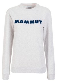 Sudadera gris claro con un logo en azul marino de "MAMMUT" en el pecho. Puños y dobladillo acanalados, diseño clásico de cuello redondo, textura suave.