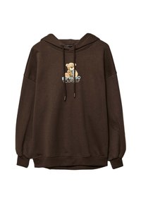 Brauner Hoodie mit einem Bärenmotiv und dem Text "DRÜCKE DICH AUS" in Hellblau. Hergestellt aus weichem Material mit lockerer Passform und Kordelzug.