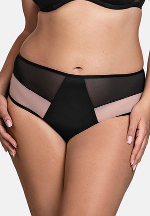 Mutandine nere a vita alta con pannelli in mesh trasparente nera e rosa morbido. Presentano un tessuto liscio, un design geometrico e una vita elastica.
