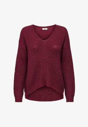 Burgundowa sweter dzianinowy z dekoltem w kształcie litery V, zaprojektowany z opadającymi ramionami i teksturowanym wzorem. Charakteryzuje się luźnym krojem i ściągaczem u dołu.