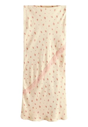 Rock in Cremefarbe mit kleinem roten Blumenmuster und einer diagonalen pinken Spitzenverzierung nahe dem Saum.