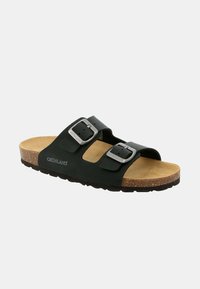 Sandali neri con due fibbie regolabili, soletta in sughero e superficie texturizzata. Design leggero con suola resistente per il comfort.