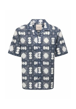 Chemise à manches courtes boutonnée avec un motif géométrique et floral symétrique bleu marine et blanc.