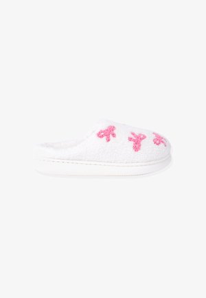 White slipper made of soft, textured fleece, featuring pink animal designs. Slip-on style with a white rubber sole.