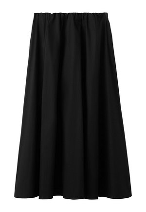 Falda negra hasta la rodilla con cintura elástica y diseño acampanado y fruncido.