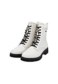 Stivaletti bianchi alla caviglia con una finitura in pelle liscia, dotati di lacci neri, una cerniera laterale e suole in gomma nera spesse per una maggiore stabilità.