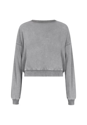 Grå kort sweatshirt med lange ærmer, lavet af blødt stof. Har ribbede manchetter og kant, med en glat, let struktureret overflade.