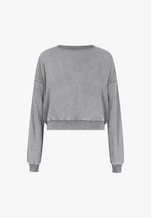 Pilkas trumpas sportinis džemperis su ilgomis rankovėmis, pagamintas iš švelnios medžiagos. Savybės: raišteliai ant rankovių ir apatinio krašto, su lygiu, šiek tiek tekstūruotu paviršiumi.