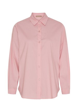 Lyserød langærmet skjorte med knapper og krave, synlige knapper foran og let rundet kant.