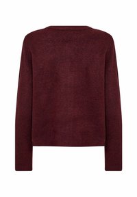 Maglione lavorato a maglia lungo rosso scuro, mostrato dal retro, con scollatura rotonda e polsini e orlo a coste.