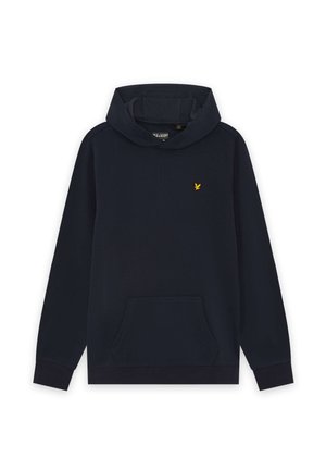 Felpa con cappuccio blu navy con maniche lunghe, tasca frontale a marsupio e piccolo logo di uccellino giallo sul petto sinistro.