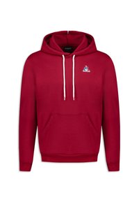 Felpa rossa realizzata in morbido tessuto, con tasca frontale, cappuccio con cordino e un piccolo logo blu sul lato sinistro superiore.