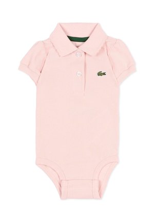 Body per neonati rosa chiaro a maniche corte con colletto, due bottoni frontali e piccolo logo coccodrillo verde ricamato sul petto.