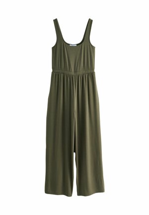 Olivgrüner Overall mit tailliertem Schnitt, weiten Beinen und Spaghetti-Trägern. Hergestellt aus weichem, dehnbarem Material, verfügt er über ein Rundhalsausschnitt-Design.