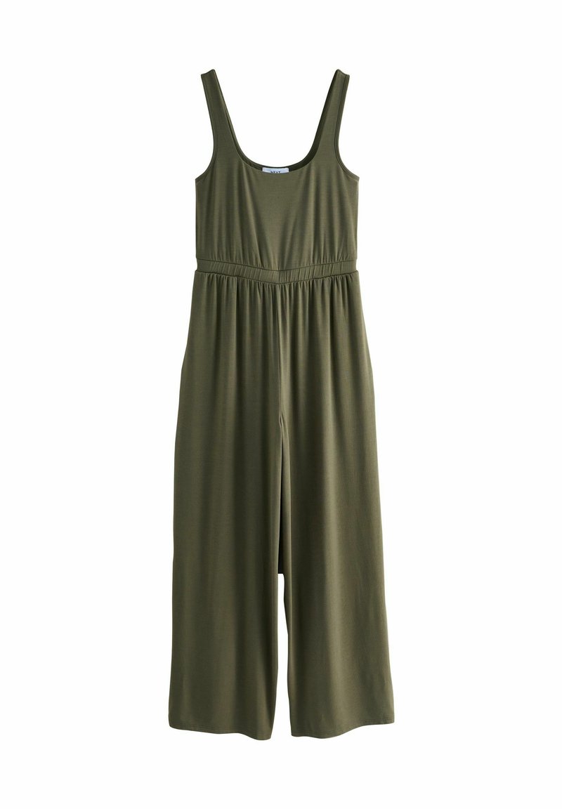 Olivgrüner Overall mit tailliertem Schnitt, weiten Beinen und Spaghetti-Trägern. Hergestellt aus weichem, dehnbarem Material, verfügt er über ein Rundhalsausschnitt-Design.