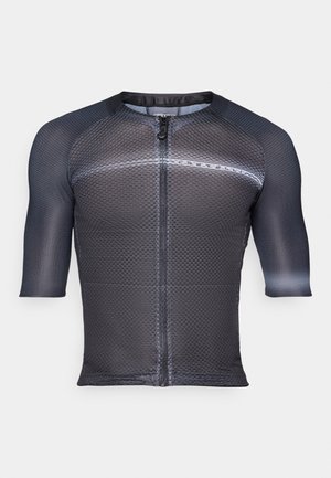 Koszulka rowerowa z krótkim rękawem w kolorze czarnym, z teksturowanym wzorem siateczkowym, pełnym zamkiem z przodu oraz odblaskowym paskiem na piersi.