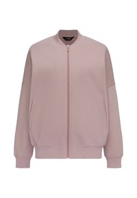 Różowa bluza z zamkiem na całej długości, okrągłym dekoltem, luźnym krojem, bocznymi kieszeniami oraz ściągaczami na mankietach i dolnym brzegu. Gładki materiał z mieszanki bawełny.