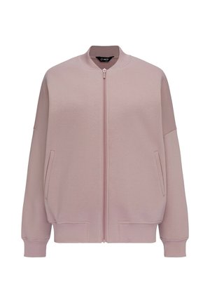 Różowa bluza z zamkiem na całej długości, okrągłym dekoltem, luźnym krojem, bocznymi kieszeniami oraz ściągaczami na mankietach i dolnym brzegu. Gładki materiał z mieszanki bawełny.