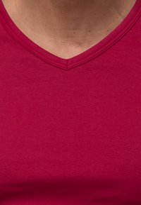 Röd t-shirt med v-ringning, tillverkad av mjukt tyg, med en slät struktur och en ren skärning längs halsringningen utan synliga mönster eller dekorationer.