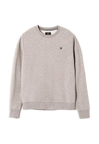 Szara bluza wykonana z miękkiego materiału, posiada okrągły dekolt, długie rękawy, ściągacze na mankietach i dole oraz niewielkie czarne logo na piersi.