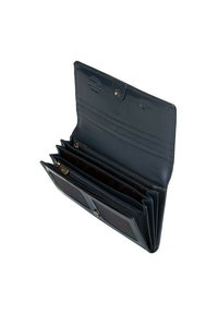 Navy leather wallet with multiple card slots and compartments, featuring a snap closure and textured interior lining.