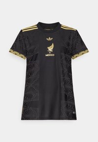 Svart sportsdrakt med korte ermer, gullaccentuerte detaljer, teksturerte mønstre på sidene og logoer for Adidas og Mexico i sentrum.