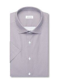 Chemise à manches courtes boutonnée, pliée, avec un petit motif géométrique violet et blanc, étiquetée Seidensticker.