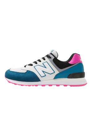 Running shoe featuring blue suede, white mesh, and black accents. Pink outsole and stitching. Lacing system with padded collar and tongue.