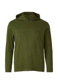 Oliwkowa bluza z kapturem wykonana z miękkiego materiału, z długimi rękawami, szwem na froncie i małą metką z logo na piersi.