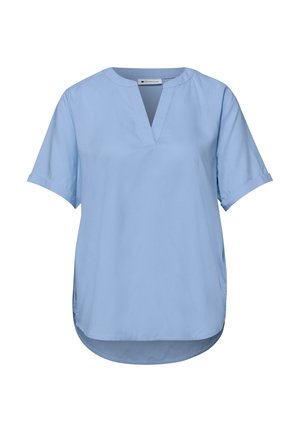 Lichtblauwe blouse met korte mouwen, een ronde hals met een inkeping en een afgeronde zoom.