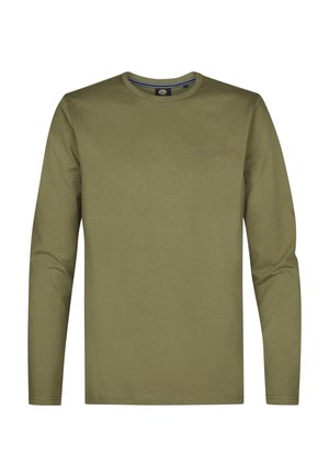 Langsleeve shirt in olijfgroen katoen. Bevat een ronde hals en subtiele logodetail op de borst. Gladde textuur en een relaxte pasvorm.