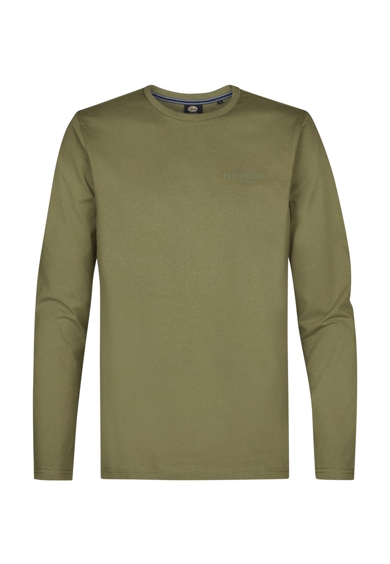 Camicia a maniche lunghe in cotone verde oliva. Presenta un collo girocollo e un discreto logo sul petto. Texture liscia e vestibilità rilassata.