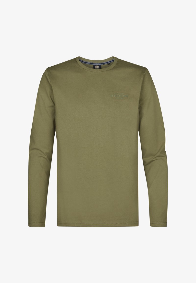 Langarmshirt aus olivgrüner Baumwolle. Verfügt über einen Rundhalsausschnitt und ein dezentes Logo-Detail auf der Brust. Glatte Textur und lockere Passform.