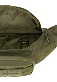 Borsa tattica verde oliva con compartimento principale con zip, tasca interna e cinghie per attacchi. Tessuto resistente con texture liscia.