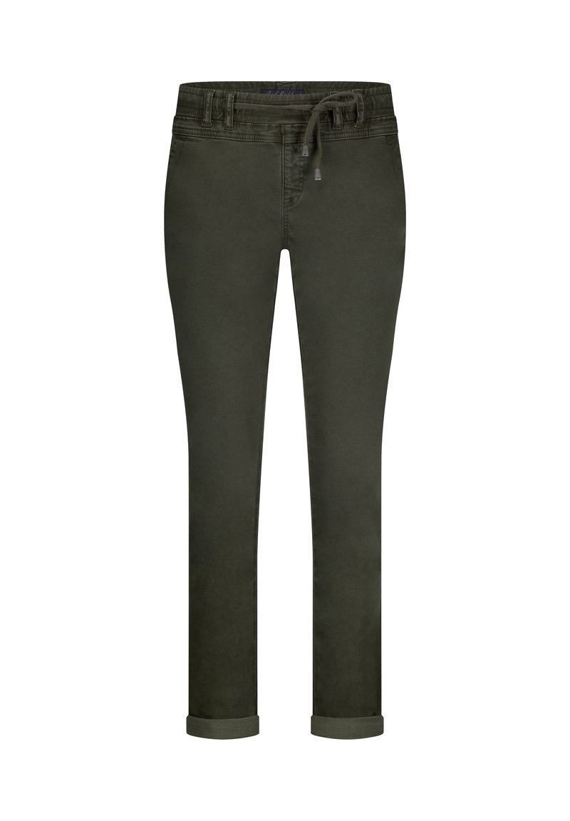 Mørkegrønne slim-fit bukser med opkrøllede cuffs, frontlommer, bæltestropper og taljebånd med snor.