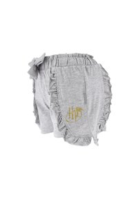 Shorts en coton gris avec des bords festonnés, dotés d'un nœud à la taille et d'un détail en logo doré sur le côté. Tissu doux et léger.