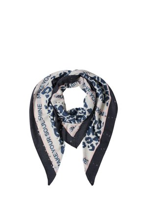 Écharpe triangulaire avec imprimé léopard bleu marine et rose clair et texte "Make your soul shine" le long de la bordure.