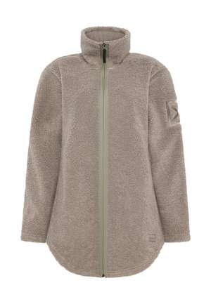 Fleece jas in lichtbruin met een hoge kraag, een ritssluiting over de volledige lengte en een opgestikt embleem op de linker mouw. Zachte textuur met afgeronde zoom.