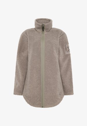 Veste polaire marron clair avec un col montant, une fermeture éclair sur toute la longueur et un patch sur la manche gauche. Texture douce avec un ourlet arrondi.