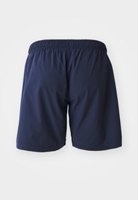 Mørkeblå shorts med elastisk liv, laget av lett stoff. Har et enkelt design uten lommer eller pynt.