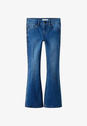Blå denimjeans med lett utsvingt ben, knapp- og glidelåslukking foran, beltehemper og fem-lommers design.