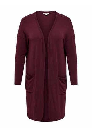 Langer, bordeauxroter Cardigan mit offenem Vorderteil, langen Ärmeln und zwei aufgesetzten Taschen vorne, auf weißem Hintergrund angezeigt.