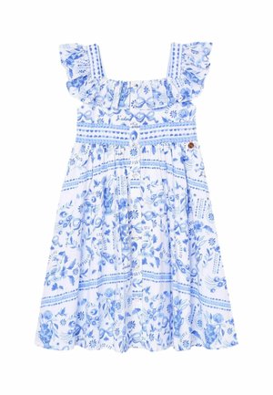 Hvid ærmeløs kjole med blå blomster- og båndmønstre, flæset udskæring, knaplukning foran og raglan nederdel.